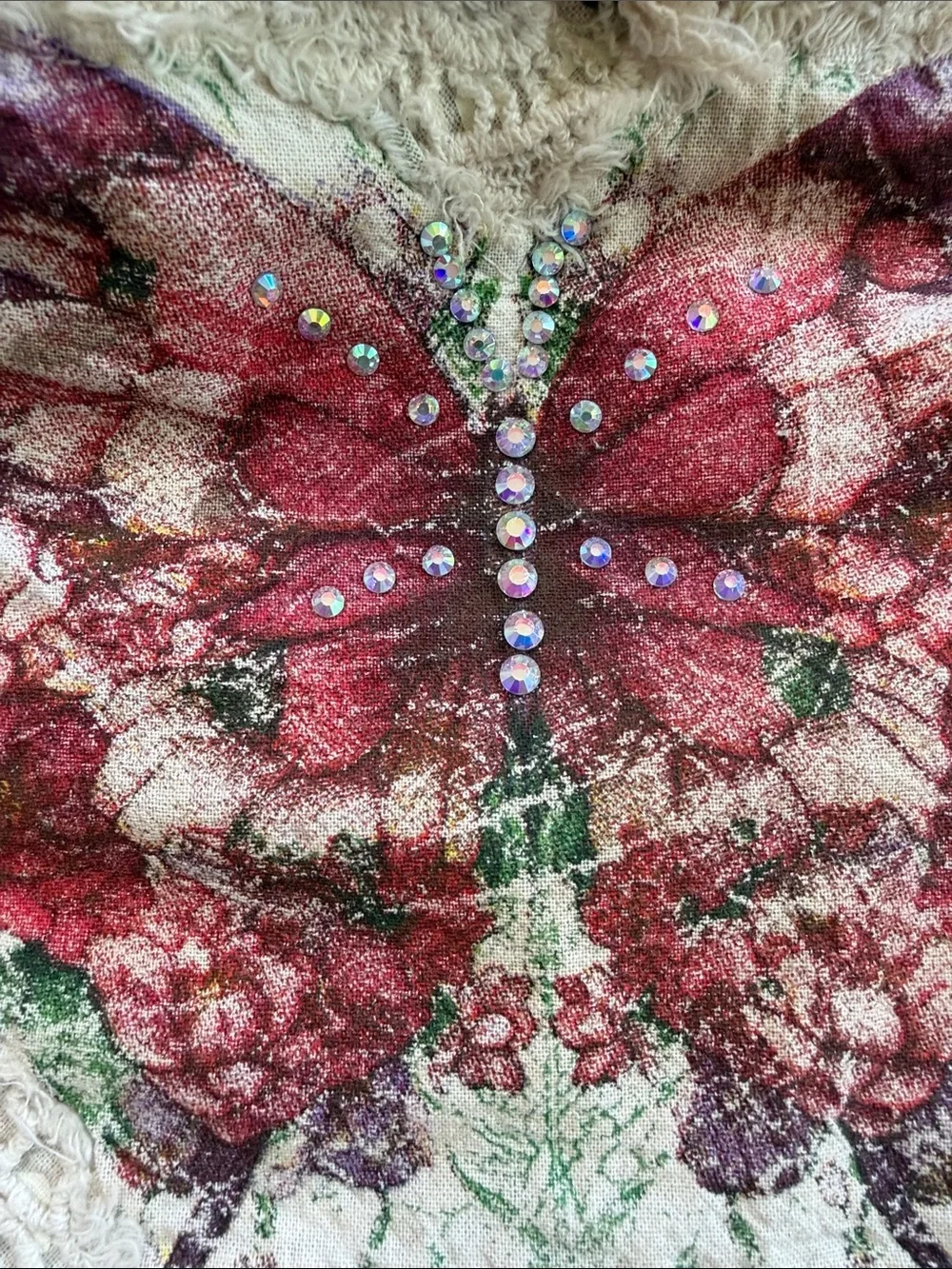 NWT Vintage Lace Hand Painted Butterfly Bandana Scarf Cream Pink A Rare Bird